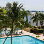 photo of the Four Seasons Miami pool area with palm trees, facing the ocean.