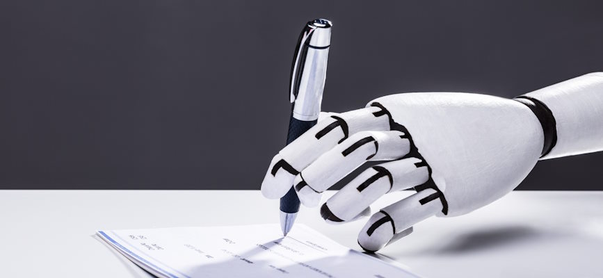 A robot signing a check to represent AI content licensing