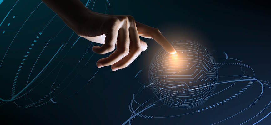 -concept art showing a human hand touching digital world to portray audience preference of human created news over AI created news-