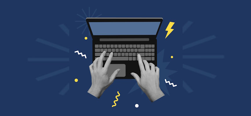 human hands at a computer with lightening bolts to indicate Journalism and Journalists use of AI