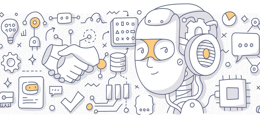 Robot head and AI doodles to suggest the use of AI in the media business