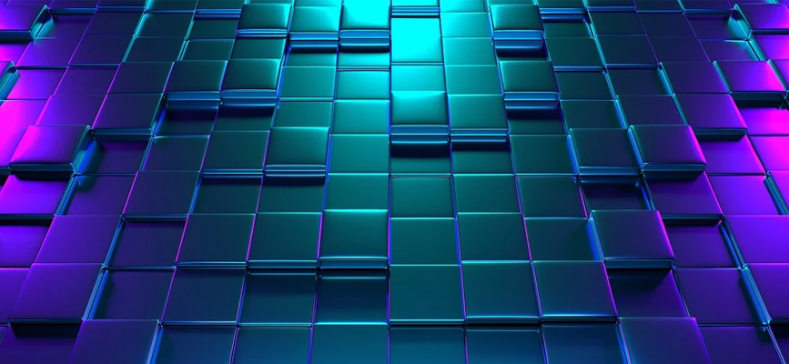 header image: tiles of various heights in blue, green, and purple iridescent gradient