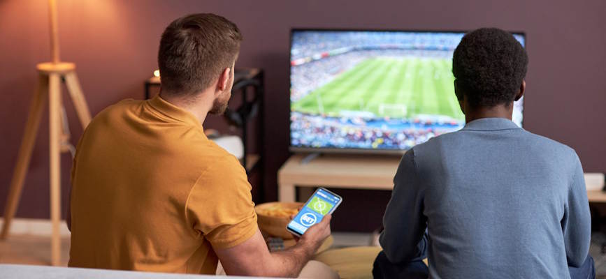 -Back view of two men watching football match on TV and holding smartphone with online bets to show tv/television everywhere-