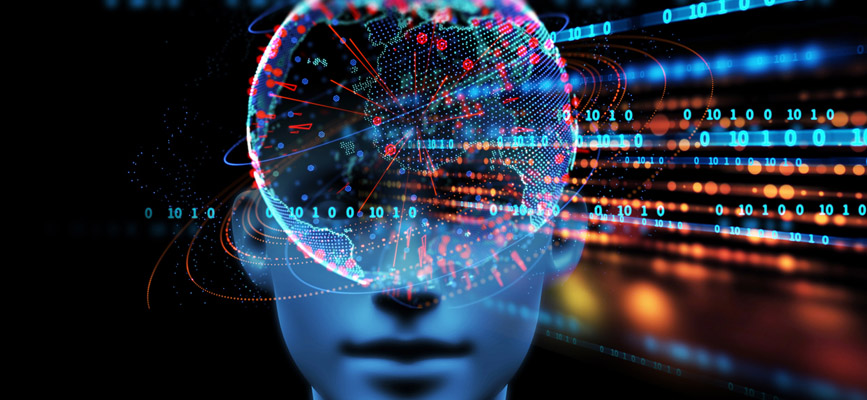 vector of human head with transparent overlay of earth and data