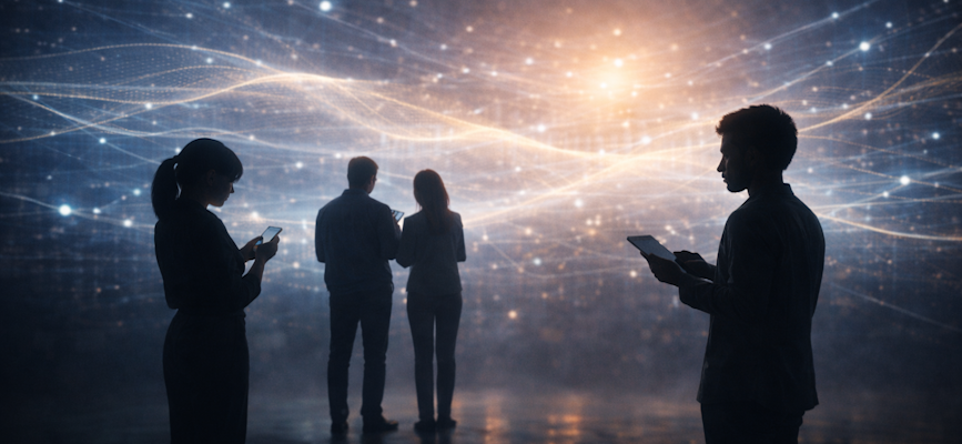 -concept art showing people in the center of data and AI to show the media trends for 2026 centering around people-