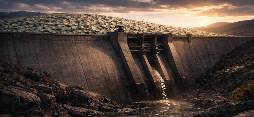 - An image of A Dam with Money behind it. Coins flow out of The dam To show how ADD infrastructure dictates revenue flow-
