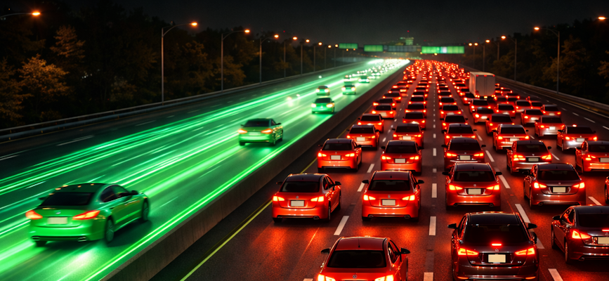 -a few cars flying up a green lane while others are trapped in a red section to show algorithmic content flow-