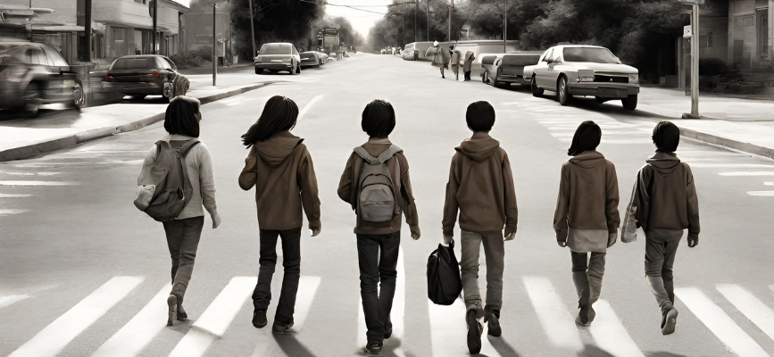 A picture of young teens walking on the road towards gender equity