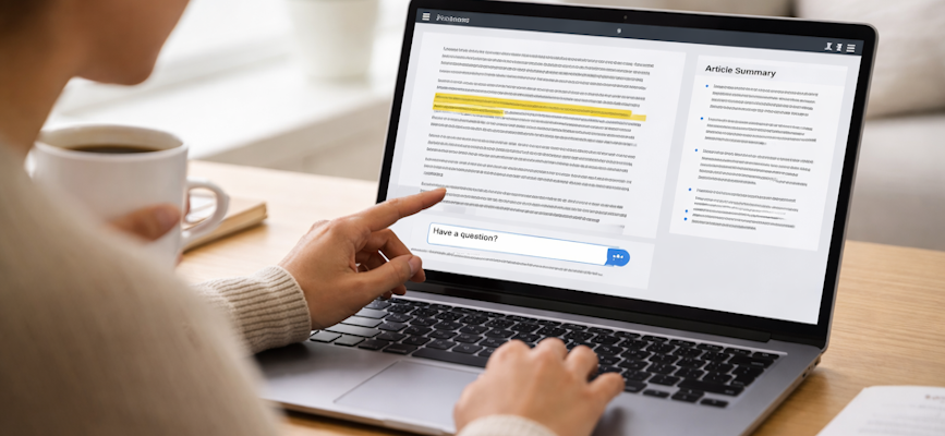 -person interacting with AI text on screen and AI assistant to show successful publisher AI initiatives-