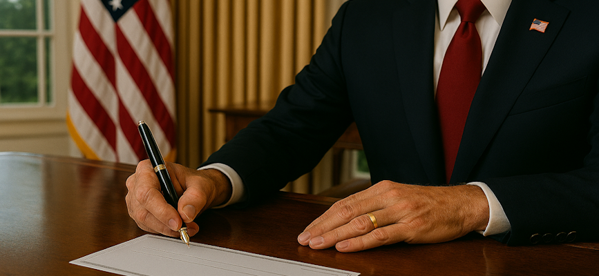 -image of a blank check being signed in the oval office to show that the administration is considering granting sweeping fair use exemptions for AI -