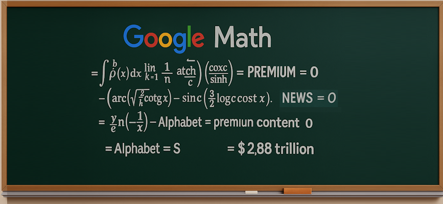 -chalkboard showing complex equation in which Google values news and premium content at zero-