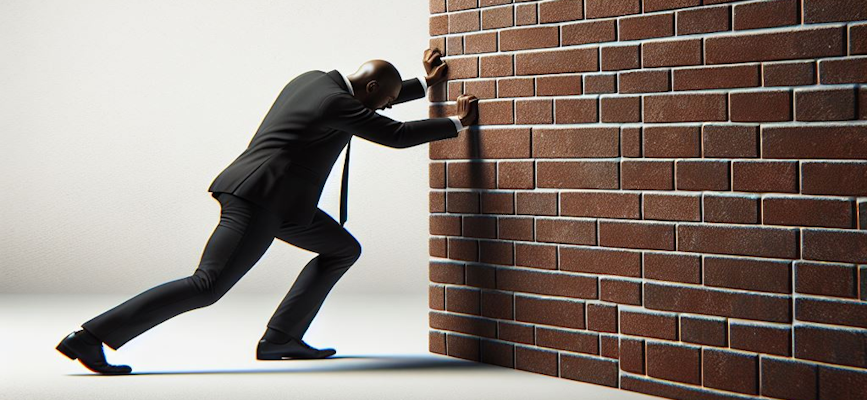 A businessman pushing against a brick wall to represent Google's Ad Tech monopoly