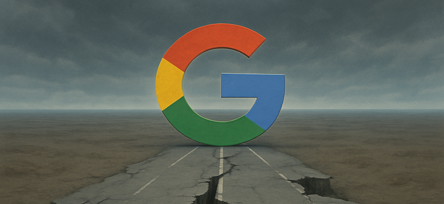 -crumbling roads leading to a Google-like G to suggest the end of the open web from AI Mode-