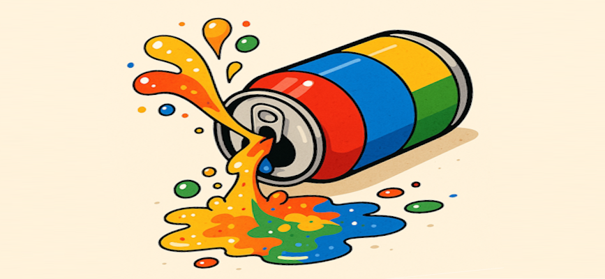 ---Spilled "Google" soda can to illustrate Google Zero, which is the end of referrals from search due to AI Overviews ---