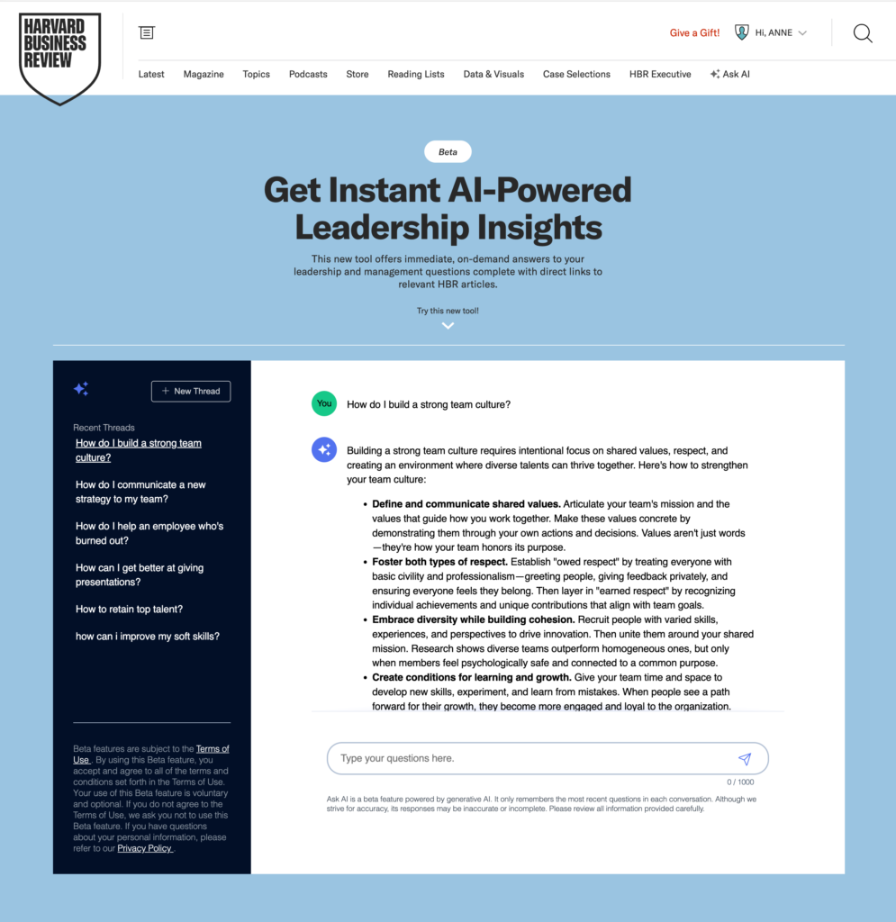- HBR'S ask AI tool, an example of A successful audience facing Publisher AI initiative-