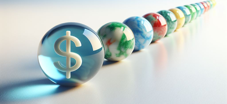 A row of marbles lined up to show how when product and revenue are in alignment media organizations flourish. Media Revenue