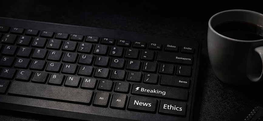 -keyboard with breaking news ethics keys to show modern tools supporting real time journalism-