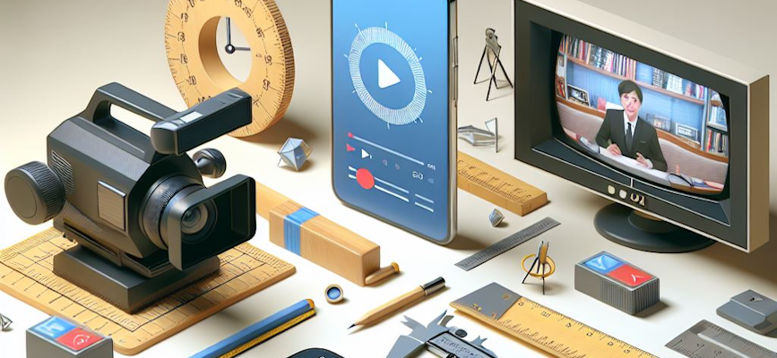A concept image that shows elements of digital video production and measurement to suggest finding the ideal length for video