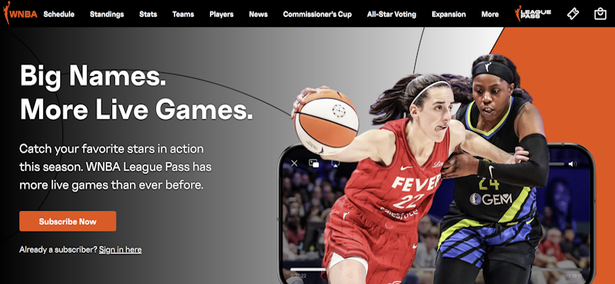 Screen shot of the WNBA league pass landing page to illustrate the growing importance of women's sports
